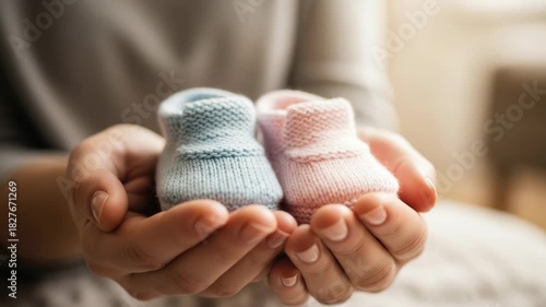 Female hands holding tiny blue and pink knitted baby booties for a boy and girl. Pregnancy announcement or gender reveal concept for expecting parents and a baby shower