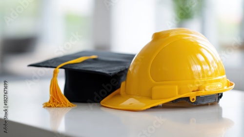 Education Meets Construction: a symbolic still life juxtaposing a graduation cap and hard hat. This image represents the educational journey toward a career in the building industry