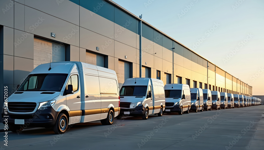 Fototapeta premium White delivery vans line up outside a modern distribution warehouse. Vans await next mile transport jobs. Logistics center prepares cargo for shipping.