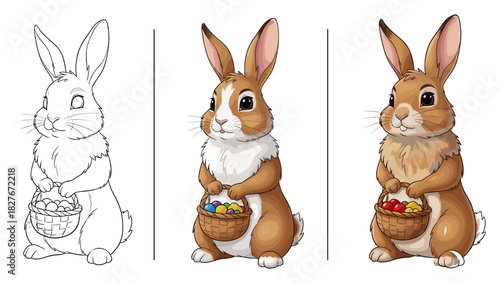 Rabbit with Easter eggs illustration progression, sketch to color stages showing character design and basket variations