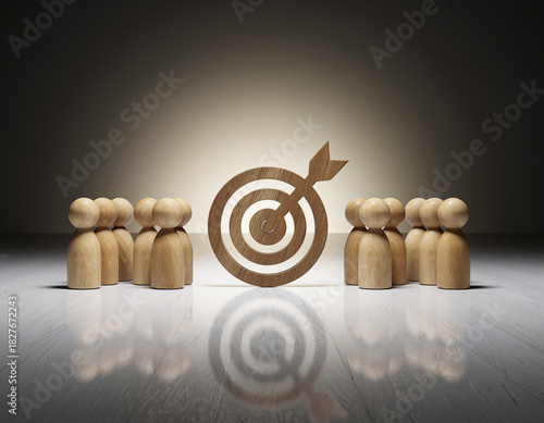 Targeted team focus for shared company goals and success, wooden figurines aiming for the center of attention