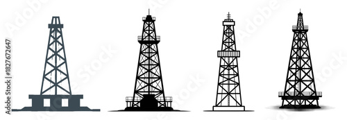 oil derrick illustration set with silhouette, outline, color and engraved , vector collection for the petroleum industry and energy production