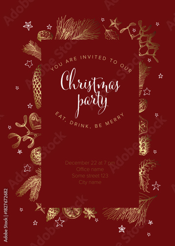 Stylish Christmas party invitation featuring elegant gold botanical illustrations and decorative elements on a rich red background. This festive invitation is perfect for a Christmas party.