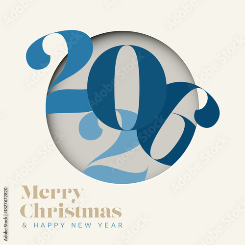Elegant 2026 Happy New Year and Merry Christmas greeting card. This elegant 2026 card features a stylish design perfect for the holiday season to wish a Happy New Year.