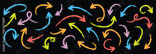 Arrow crayon pastel pencil chalk color line stroke. Collection of colorful hand-drawn arrows and scribbles. Curved vector arrows icons.