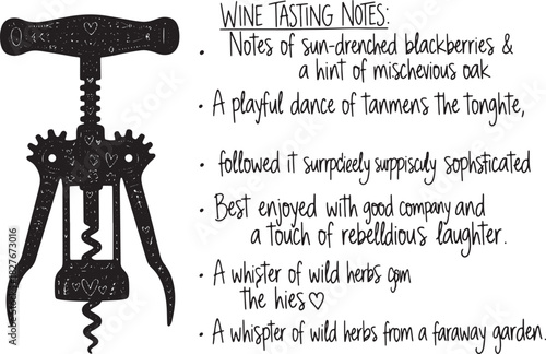 Wine tasting notes with fancy corkscrew illustration for connoisseurs delight