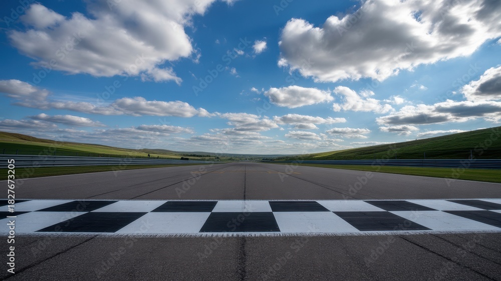 Fototapeta premium Empty race track with chequered finish line under a blue sky