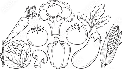 Hand drawn vegetables assortment black and white coloring page design