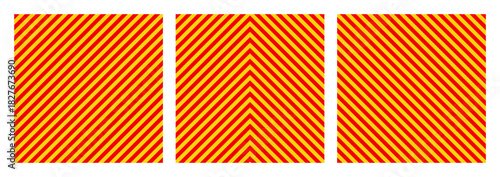 Warning sign with yellow and red diagonal lines. Attention, danger or caution symbol. Construction site signage, road safety notice, hazard banner, security alert shield. Vector illustration