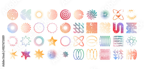 Colorful geometric shapes, modern grunge symbols. Simple primitive elements and forms, distressed details. Retro design, aged, vintage, trendy contemporary minimalist style, y2k. Vector illustration