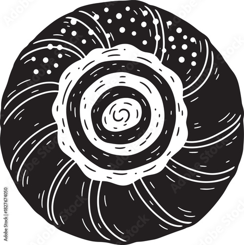 Minimalist black and white vector illustration of a spiral bun pastry