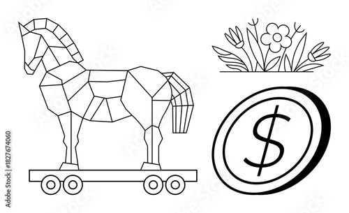 Geometric Trojan horse on wheels, blooming flower cluster, and coin with dollar sign. Ideal for themes of strategy, deception, value, nature, finance, balance and cultural metaphors for a simple
