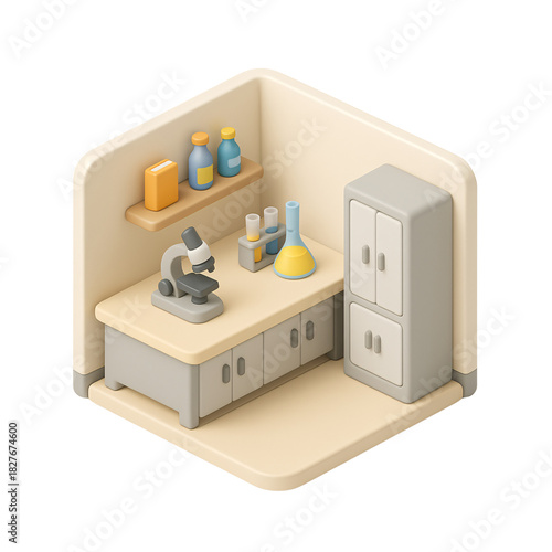 Isometric 3D render of a cute science laboratory with microscope and flasks on a workbench. laboratory, science, microscope, experiment, 3d render