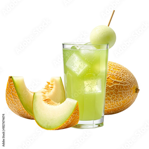 Refreshing Cantaloupe Melon Drink with Ice, Garnished Melon Ball, Fresh Slices, and Whole Fruit Isolated on Black