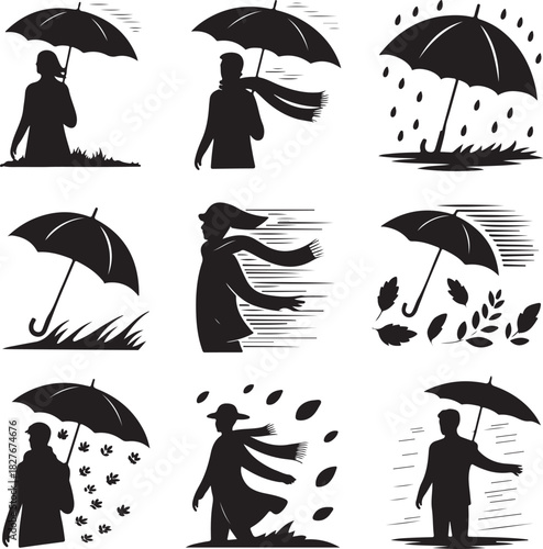 Black Silhouette Illustration of People with Umbrellas in Windy and Rainy Weather