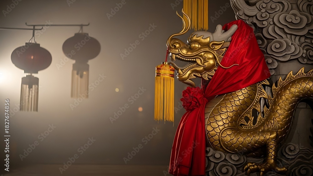 Fototapeta premium Golden Dragon Statue with Red Cloth and Hanging Lanterns