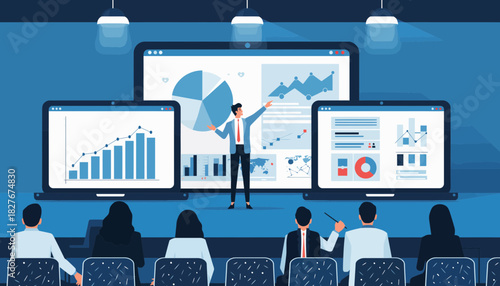 Business presentation strategy with charts and graphs on screens for meeting