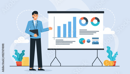 Professional business presentation with a confident man explaining financial data charts and graphs on a whiteboard