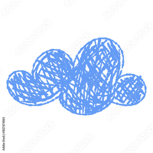 Hand-drawn crayon clouds. Kids element for preschool materials. Playful sky. Cute cartoon weather symbol. Isolated vector illustration	