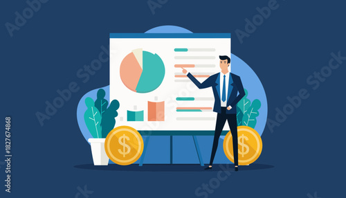 Business presentation with financial growth charts and coins, illustrating economic success