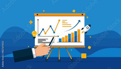 Business Presentation Growth Chart with Rocket Launching Upward