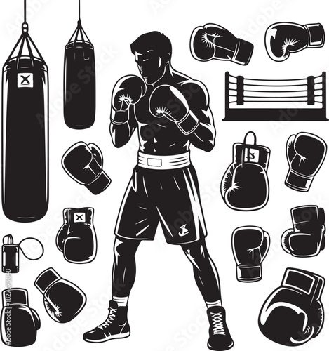 Boxing Elements Set Vector Illustration Punching Bag and Gloves Collection