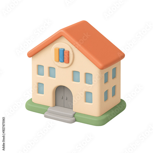 Charming 3D illustration of a stylized building with an orange roof and colorful book icon on a white background. 3d illustration, building, school, education, library