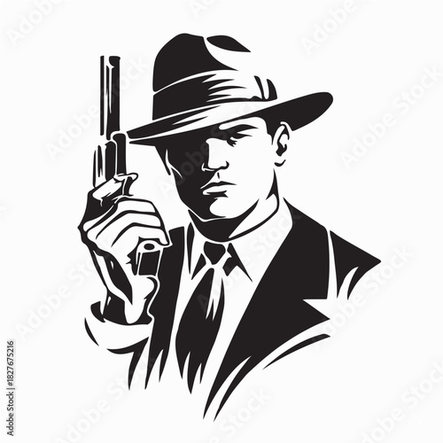 Gangster Style Character with Handgun Silhouette on white background
