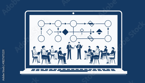 Business presentation process collaborative meeting and workflow diagram on laptop
