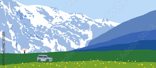 Road Trip Poster of a Van Driving Through Alpine Mountain Valley with Snowy Peaks. Mountain Landscape with Green Meadow. Journey to the Mountains Inspirational Travel Poster.