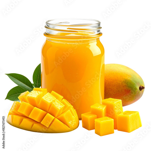 Fresh mango juice in a glass jar with whole, sliced, and diced ripe mangoes, accompanied by green leaves, isolated on a black background.