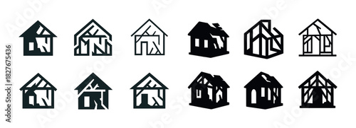 Set of twelve black silhouettes of damaged and dilapidated house icons