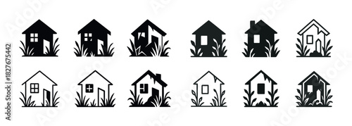 Silhouette collection of various house designs with grass elements
