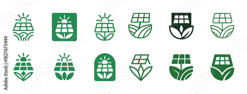 Eco-friendly sun and solar panel icon set with various green leaf designs