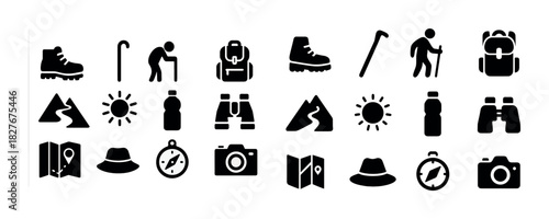 Hiking and outdoor icon set featuring backpack, boots, maps, sun, camera, binoculars, compass, mountains