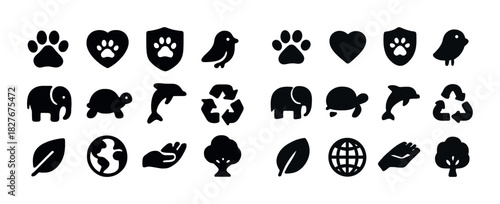 Collection of animal, nature, and conservation icons in black silhouettes