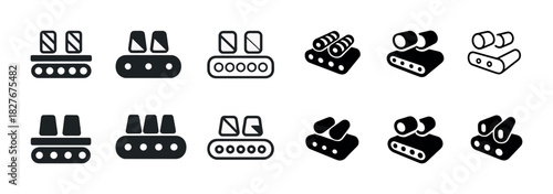 Icon set of conveyor belt machines in various styles and designs