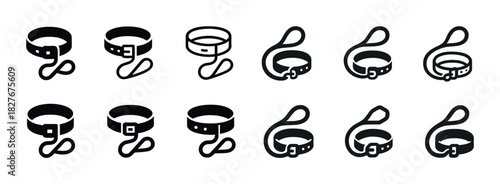 Set of dog collar and leash icons in different styles and designs