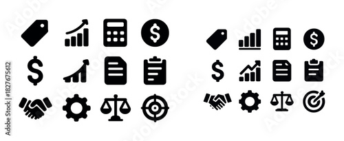 Business finance icons: growth, finance, document, analytics, target, balance, handshake, cog