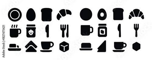 Breakfast icons set: cups, plates, bread, utensils, eggs and jars silhouettes