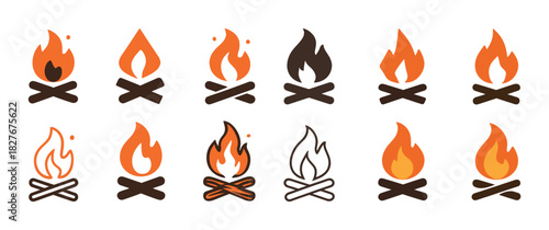 Collection of campfire icons in various styles and colors