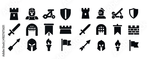 Medieval icon set: castles, knights, weapons, shields, and flags in bold black design