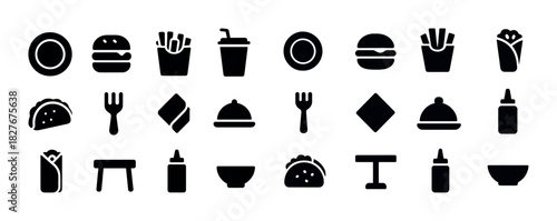 Fast food icons set: burgers, fries, wraps, and drinks in bold black silhouette