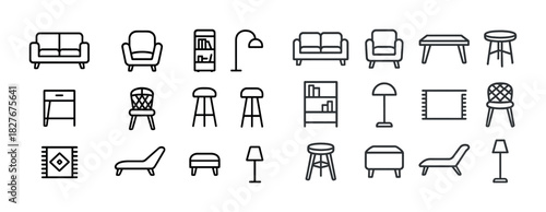 Minimalist furniture icons set: sofa, lamp, chair, bookshelf, table, rug
