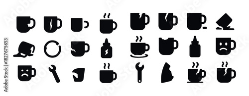 Icon set: coffee mugs and tools with various emotions and states