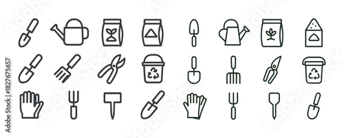 Garden tools line icons set with trowels, watering cans, and pruning shears