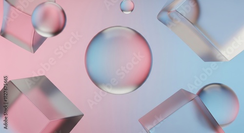Abstract 3D Frosted Glass Geometric Shapes Background. The glass blurs the soft pastel colors pink, blue behind it. Clean, modern, trendy. Represents design trend, UI/UX, technology, and minimalism