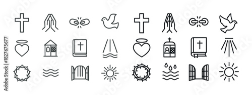 Christian symbol icons: cross, prayer hands, wedding rings, dove, bible, halo