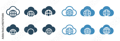 Cloud computing icons set featuring globe and lock symbols in blue and black