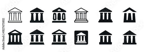 Set of black and white bank building icons with pillars